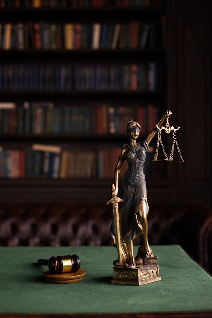 journey Lady Justice and gavel on a table in a classic law library setting.